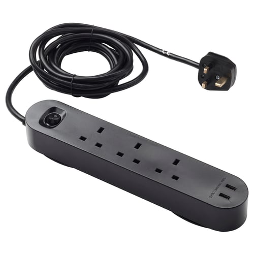 KOPPLA black surge protector: 3 sockets, 2 usb
