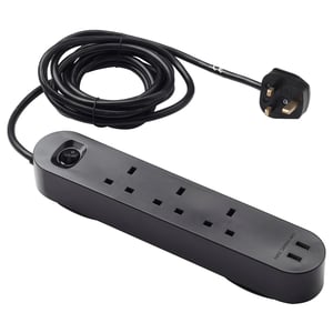 KOPPLA 3-way socket with 2 USB ports, black, 3.0 m