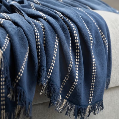 KRUTBRÄNNARE Throw, blue off-white/stripe, 130x170 cm