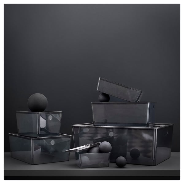 KUGGIS Box with lid, transparent black, 37x54x21 cm