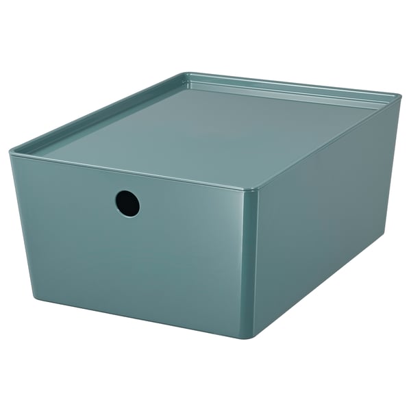 KUGGIS Storage box with lid, turquoise, 26x35x15 cm