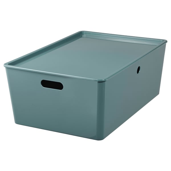 KUGGIS Storage box with lid, turquoise, 37x54x21 cm