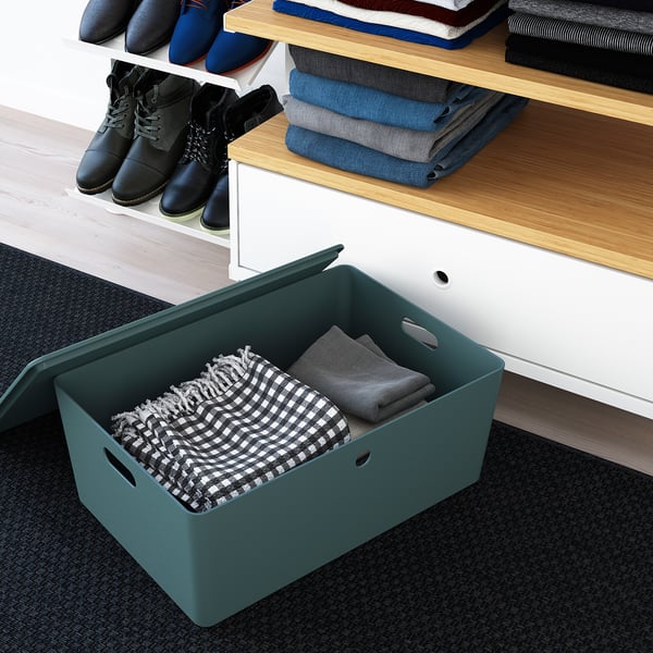 KUGGIS Storage box with lid, turquoise, 37x54x21 cm