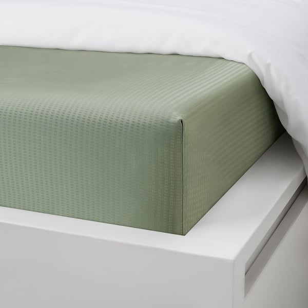 LÄKEVÄNDEROT Fitted sheet, light grey-green, 180x200 cm