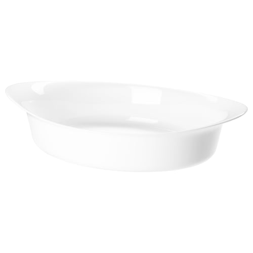 White oval glass dish, simple design, oven-safe.