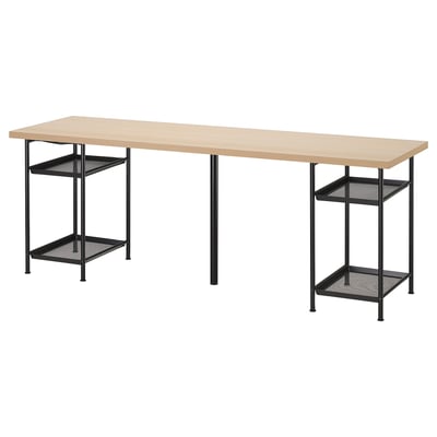 LAGKAPTEN desk: light wood top, black metal legs, rectangular. Two-tier shelves for storage.
