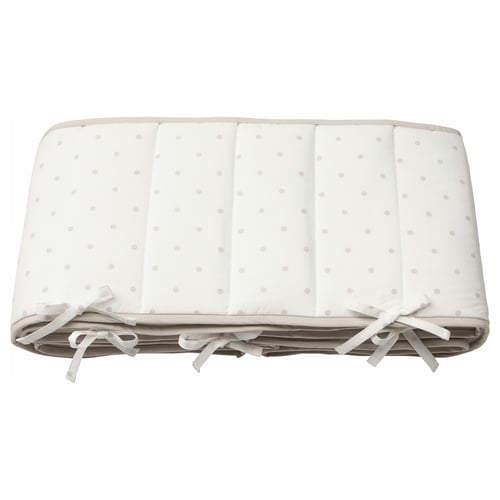LENAST baby cot bumper, white with dots, soft padding, ribbons for secure fit.