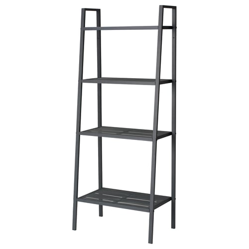 A LERBERG black metal shelving unit with three open shelves. Its sleek, minimalist design provides ample space for display and storage.
