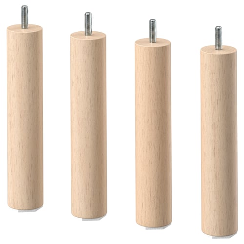 Four light brown wooden legs with metal screws, arranged in a row.