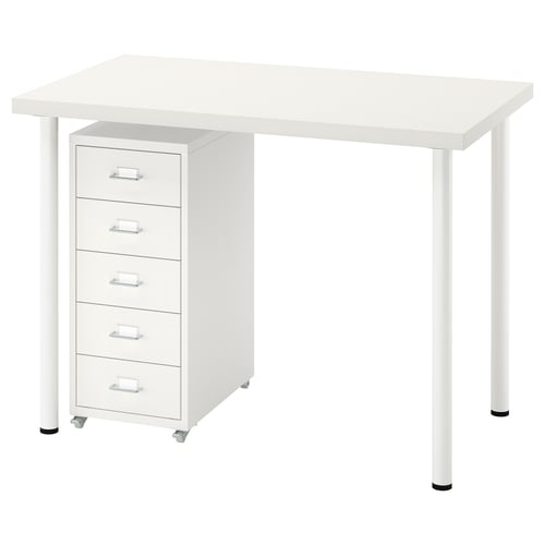 White LINNMON/ADILS desk with four-drawer filing cabinet.