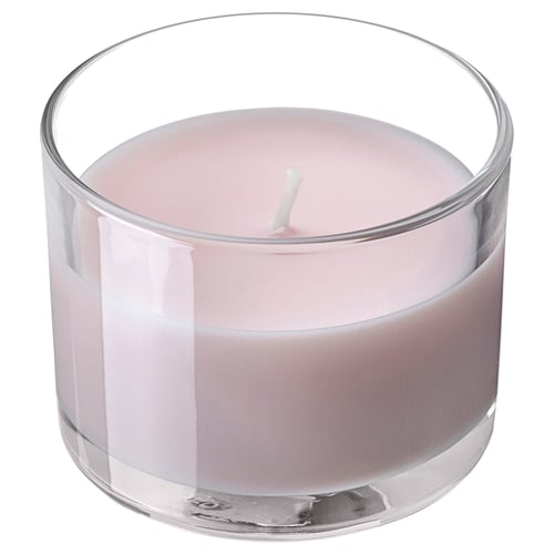 LOTSFÅGEL Scented candle in glass, Pink flowers pale pink, 20 hr