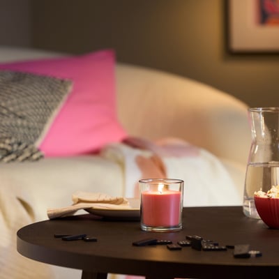 LOTSFÅGEL Scented candle in glass, Watermelon bright pink, 40 hr