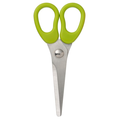 A pair of MÅLA scissors, bright green, child-safe, stainless steel blades, ergonomic handles.
