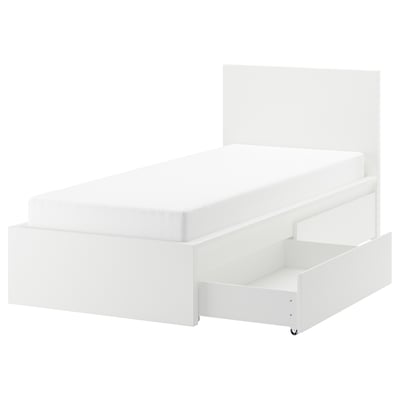 MALM Bed frame, high, w 2 storage boxes, white/Luröy, 90x200 cm