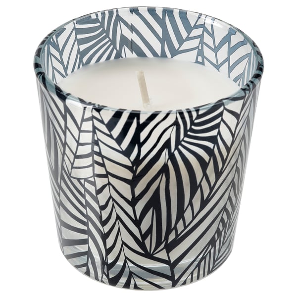 MEDKÄMPE Scented candle in glass, Rhubarb elderflower/patterned black/white, 7.5 cm