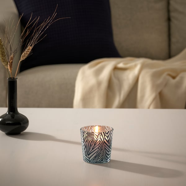 MEDKÄMPE Scented candle in glass, Rhubarb elderflower/patterned black/white, 7.5 cm