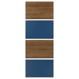 Two wooden panels with walnut effect and two blue panels displayed vertically.