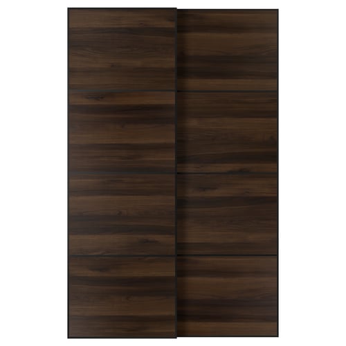 MEHAMN Pair of sliding doors, black/double sided dark brown oak effect, 150x236 cm