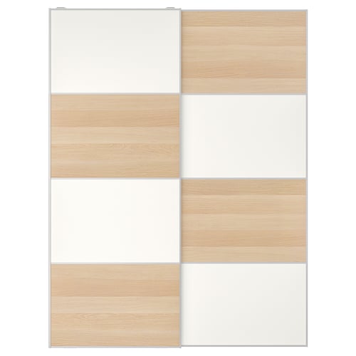 MEHAMN wardrobe, light wood, white, sliding panels, minimalist design.