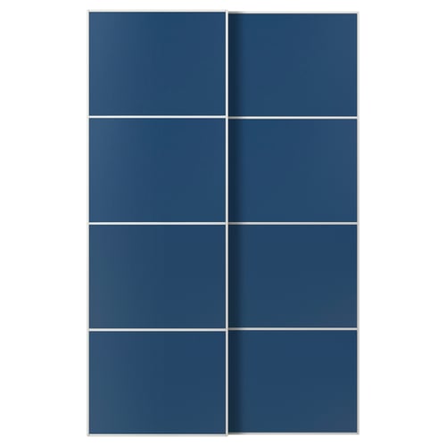 A blue MEHAMN sliding door set, featuring eight rectangular panels made of fibreboard and aluminium frame.