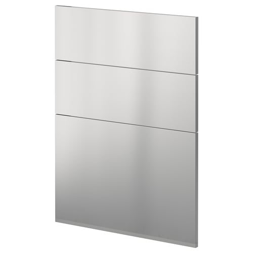 Modern, metallic silver, stainless steel kitchen panel with sleek lines.