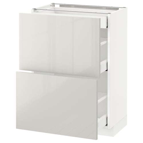 A white METOD kitchen cabinet with glossy, minimalist design and integrated drawers for storage.