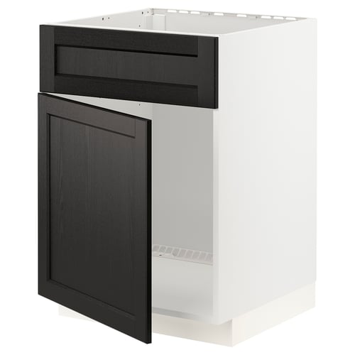 A white METOD kitchen cabinet with a dark stained wooden door and drawer. The cabinet a traditional design with bevelled edges.