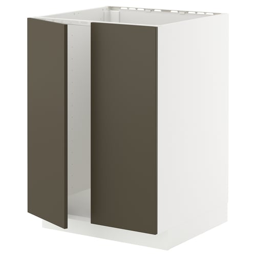 A white ikea METOD kitchen cabinet with dark brown havstorp doors. It is square-shaped and has a modern design.