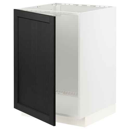 A METOD kitchen cabinet with a black stained lerhyttan door and a white frame. It a modern, rectangular design with a bevelled edge on the door.