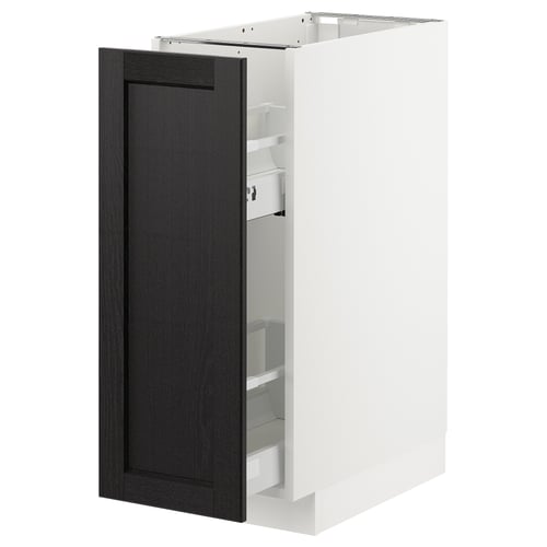 Modern black and white kitchen cabinet, rectangular, with pull-out drawers, wooden finish, sleek design.