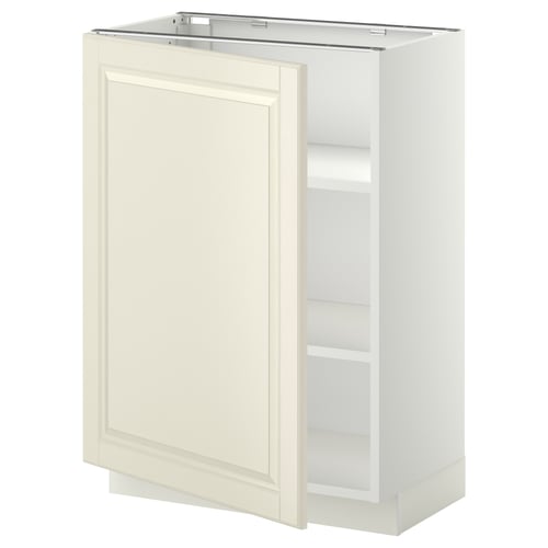 METOD off-white kitchen cabinet with bevelled door, sturdy frame, adjustable shelves, and nickel hinges.
