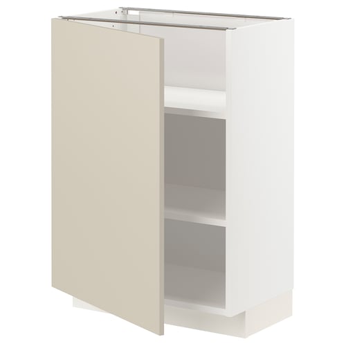 A beige ikea METOD kitchen cabinet with a white frame and three shelves. It a modern, minimalist design.