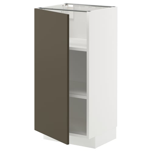Modern kitchen cabinet, white and dark brown, with metal handles, adjustable shelves.