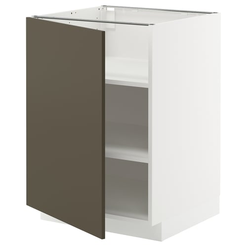 Modern kitchen cabinet, white & brown, adjustable shelves.