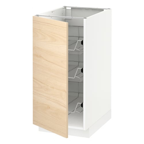 White METOD cabinet with light wooden door, wire shelves.