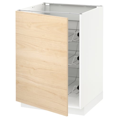 White ikea METOD kitchen cabinet with light wood door and wire shelves.