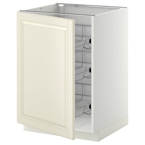 A white METOD kitchen cabinet with off-white bodbyn doors and chrome wire shelves.
