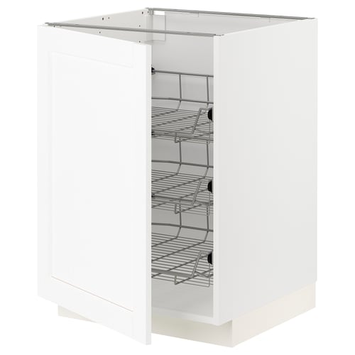 A white METOD kitchen cabinet with wire shelves. It a sturdy frame and adjustable, pull-out baskets for storage.