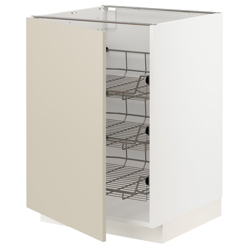 White METOD kitchen cabinet with beige doors and wire shelves.