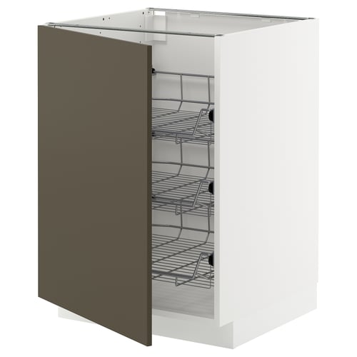 METOD kitchen cabinet: white with brown door, wire shelving, modern design.