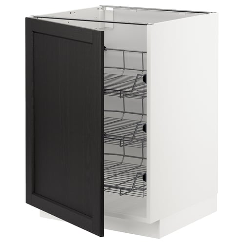 Modern kitchen cabinet with black stained wood door, featuring pull-out wire baskets.