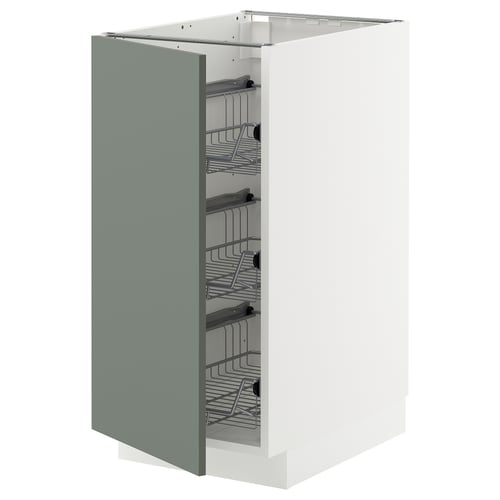 METOD kitchen cabinet, grey-green, wire baskets, pull-out shelves, sleek design.