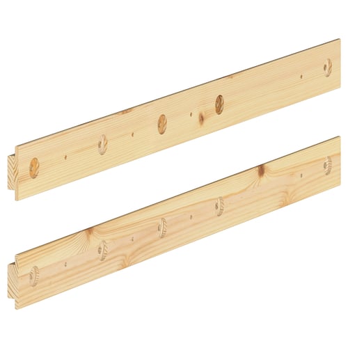 Two wooden rails for connecting kitchen cabinets, light-colored, rectangular shape with grooves.