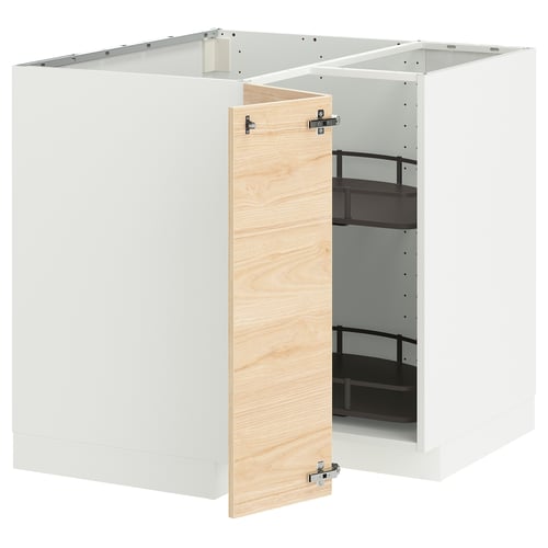 An open white ikea METOD kitchen cabinet with wooden doors and shelves.