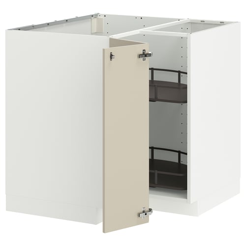 Modern white kitchen cabinet with beige door, open shelves, sleek design.