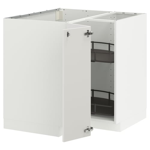 White METOD kitchen cabinet set with glass doors and metal shelves.