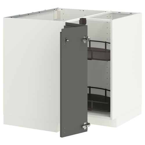A modern white and grey kitchen cabinet set with a corner base carousel for storage.