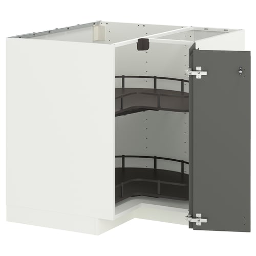 A white and grey corner kitchen cabinet with shelves. It a modern design with a grey door and multiple storage levels.