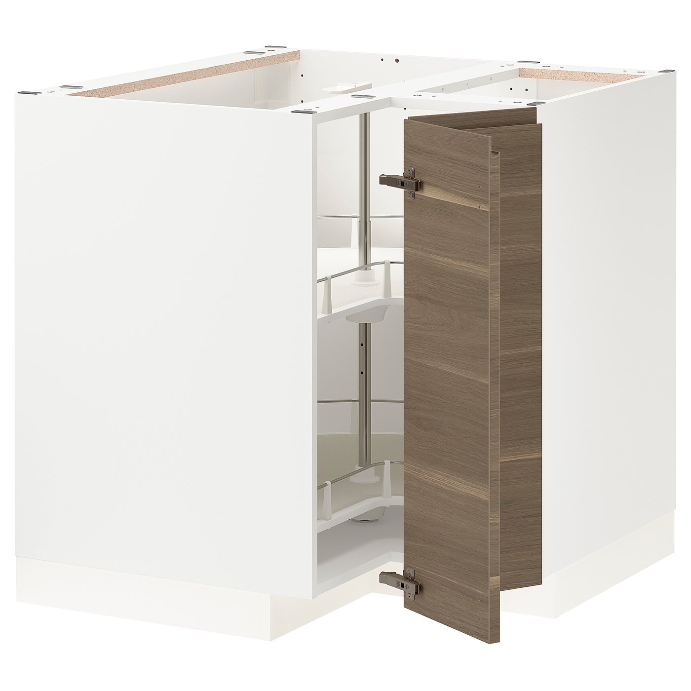 METOD corner base with carousel, white/Voxtorp walnut effect
