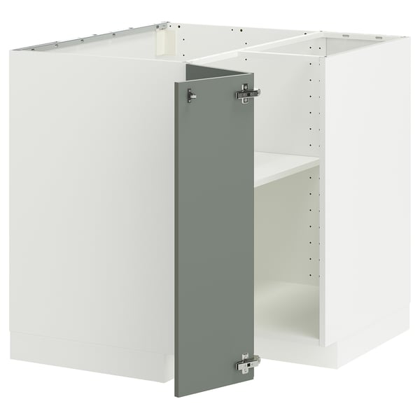 METOD Corner base cabinet with shelf, white/Nickebo matt grey-green, 88x88x80 cm